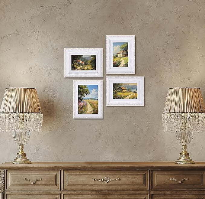 eletecpro 5x7 Picture Frames Set of 4, White Frames with Glass Cover, Vintage 5 x 7 Photo Frame Displays 4x6 Photo with Mat or 5x7 without Mat for Tabletop or Wall Decor, White