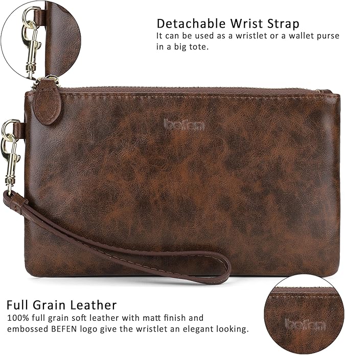 befen Genuine Leather Wristlet Clutch RFID Blocking Bag Cell Phone Wallet Purse Wristlet Wallet Purses and Handbags for Women