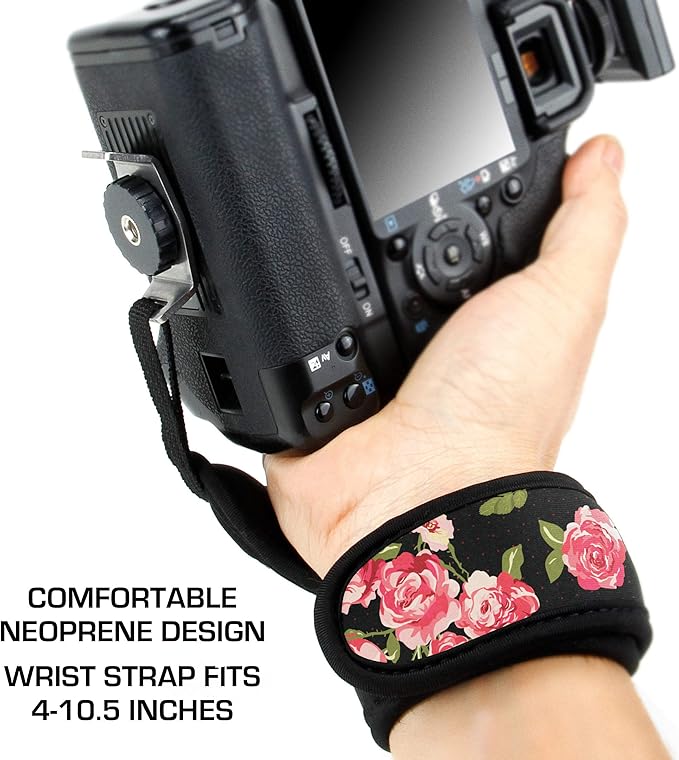USA Gear DualGRIP Professional Grip Camera Hand Strap with Neoprene Design and Metal Plate - Compatible with Canon, Fujifilm, Nikon, Sony, and more DSLR, Mirrorless, Point & Shoot Cameras (Floral)