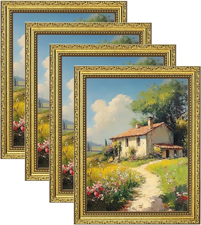 eletecpro 8.5x11 Picture Frames Set of 4, Vintage Frame with Glass Cover, 8.5 by 11 Ornate Gold Photo Frames Display 8.5 x 11 Photo for Tabletop or Wall Decor, Gold