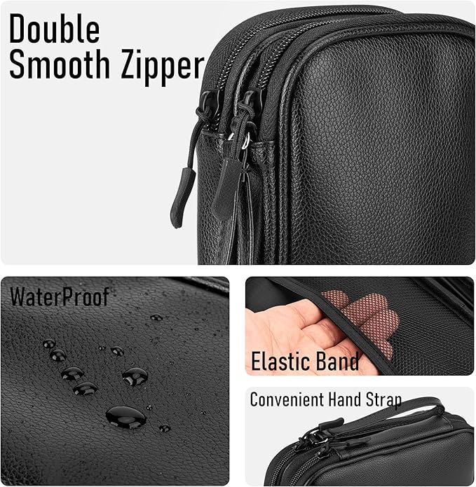 Arae Leather Travel Essentials Electronic Organizer - Double Layer, Waterproof Case for Cables, Chargers & More - Portable, Shockproof Pouch for All Electronics Accessories (Leather Black, M)