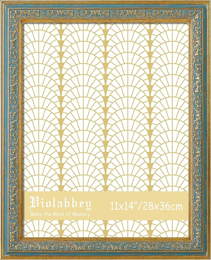 VIOLABBEY 11x14 Picture Frame Blue, Vintage Photo Frames Ornate without Mat for Tabletop or Wall Hanging