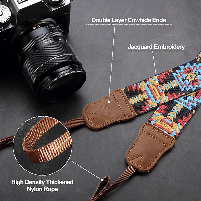 Padwa Lifestyle Camera Strap - 1.5" Crazy Horse Cowhide Head Cotton Strap,Vintage Embroidery Camera Straps for Photographers and All Cameras,Cute Adjustable Shoulder Neck Strap for Adults & Kids
