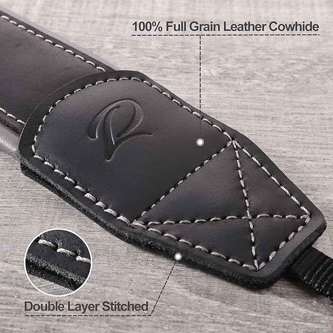 Padwa Lifestyle Black Padded Leather Camera Strap - Full Grain Genuine Cowhide Camera Straps with Gray Thick Skin-friendly Clothing Leather Padded,Soft&Comfort Strap for Long Periods of Photographers