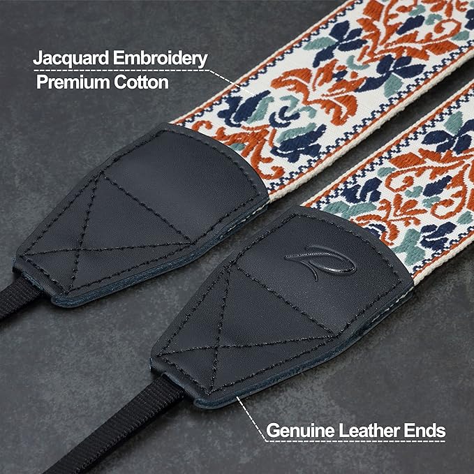 Padwa Lifestyle 2" Retro Jacquard Embroidery Camera Strap, Adjustable, Wide DSLR/SLR Camera Neck/Shoulder Strap with Genuine Leather Head (White Classic Flower)