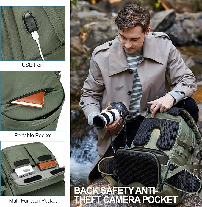 Padwa Lifestyle Professional Camera Backpack - Large Capacity Photography Camera Bag with Thick Padded Comfort Strap and Wide Waist, Versatile Photographer,Multi Cameras,Lensas,a Laptop(Green Nylon)