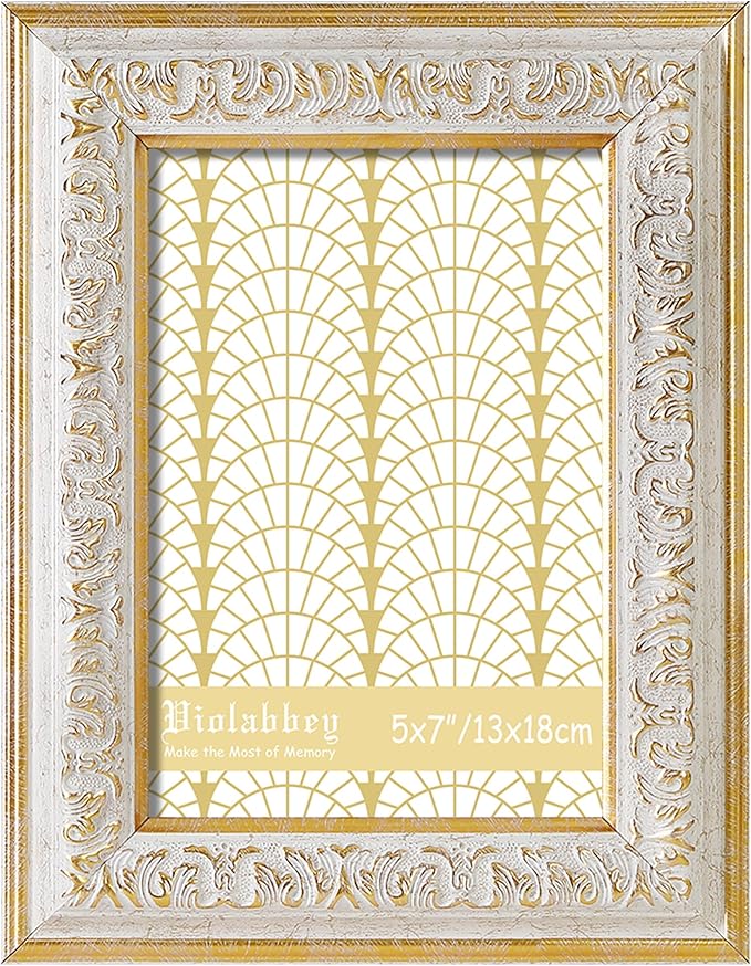 VIOLABBEY 5x7 Picture Frame White, Vintage Photo Frames Ornate without Mat for Tabletop or Wall Hanging