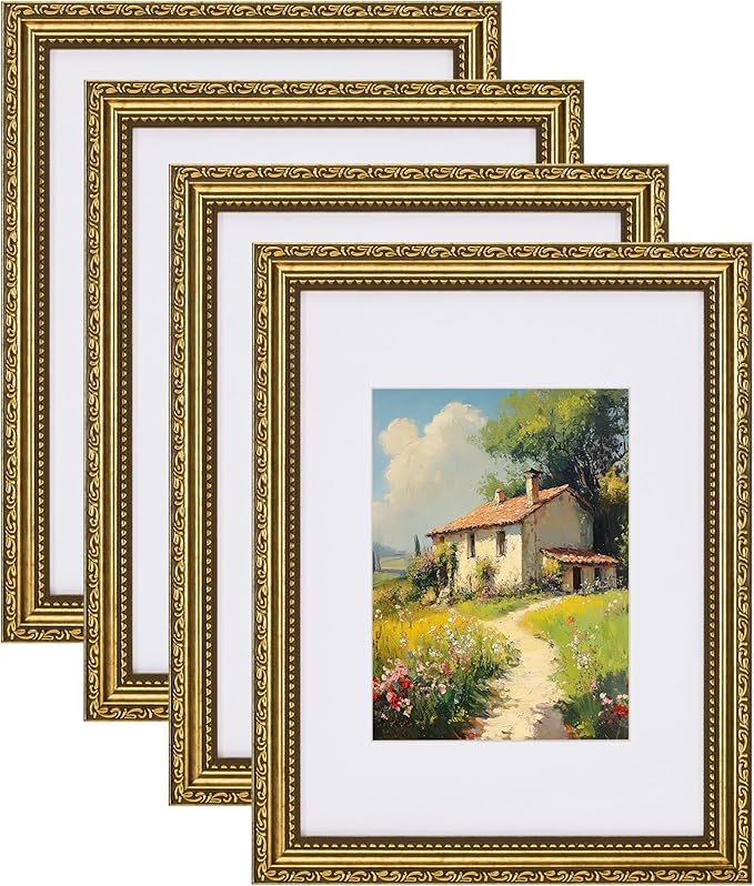 eletecpro 9x12 Picture Frames Set of 4, Retro Frame with Glass Cover, Vintage Gold 9 x 12 Photo Frames Display 6x8 Photo with Mat or 9x12 without Mat for Tabletop or Wall Decor, Gold