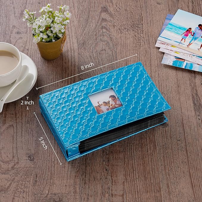 Mublalbum Small Photo Album 4x6 100 Photos Leather Cover Picture Book with Horizontal Pockets for Baby Wedding Anniversary and Family (Blue)