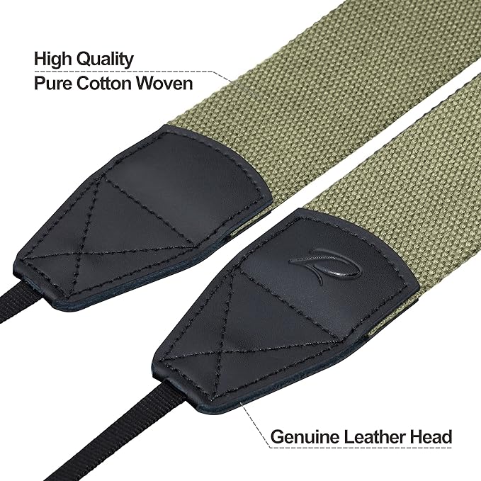 Padwa Lifestyle Light Green Camera Strap - 2" Wide Cotton Woven Genuine Leather Head Camera Straps,Complimentary 2 Pcs Quick Release Clips for All DSLR/SLR Cameras, Binoculars and Drone Remote Control