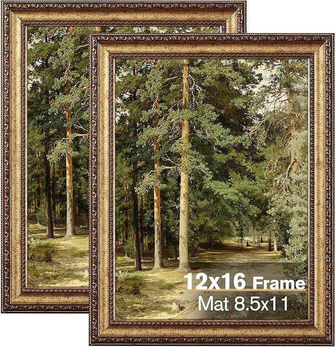 12x16 Gold Picture Frame, 2 Pack Ornate Vintage Picture Frames for Wall or Tabletop Display, 12x16 Photo Frame Gold with Real Glass, Display Poster 8.5x11 with Mat or 12 x 16 without Mat for Antique Déco