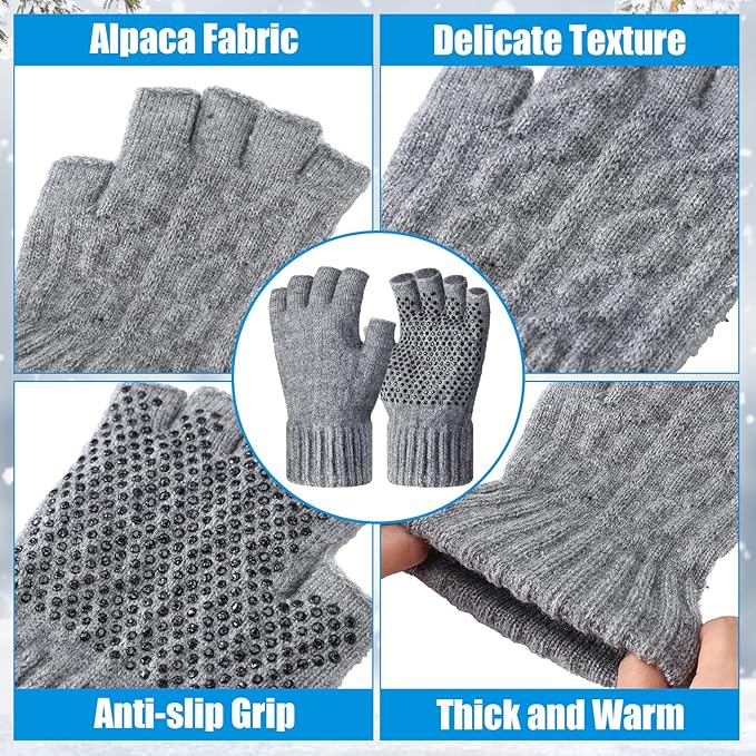 Geyoga 2 Pairs Wool Fingerless Fishing Gloves for Men Women Anti-Slip with Grip Dots Warm Winter Fly Ice Fishing Gloves