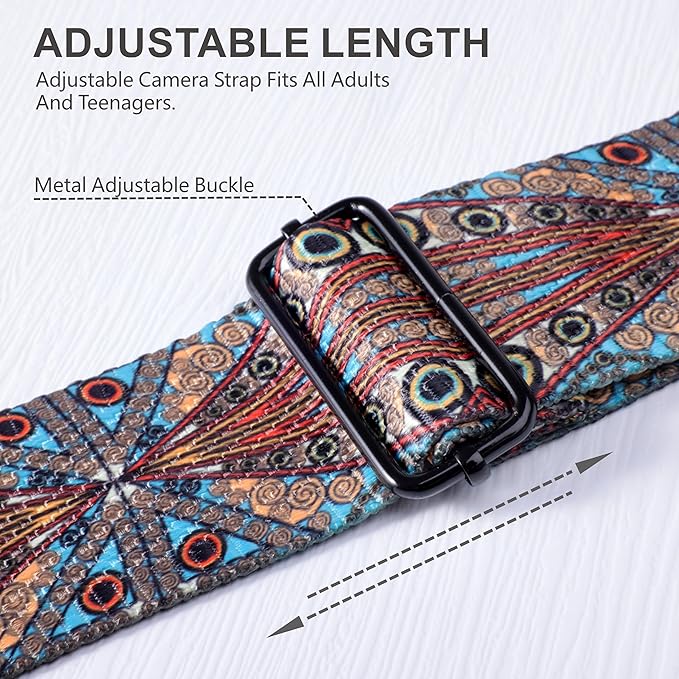 Padwa Lifestyle Adjustable Camera Strap - 2" Top Layer Cowhide Head Camera Straps for Photographers,Soft Cotton Crossbody Strap with Quick Release fits All Cameras - Bohemia