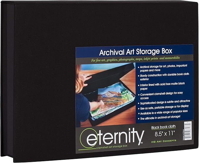 HG Art Concepts Art Photo Storage Box Eternity Archival Clamshell Box For Storing Artwork, Photos & Documents Deluxe Acid-Free Sturdy & Lined With Archival Paper - [Black - 8.5" x 11"]