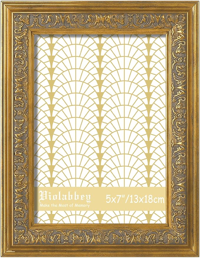 VIOLABBEY 5x7 Picture Frame Gold, Vintage Photo Frames Ornate without Mat for Tabletop or Wall Hanging