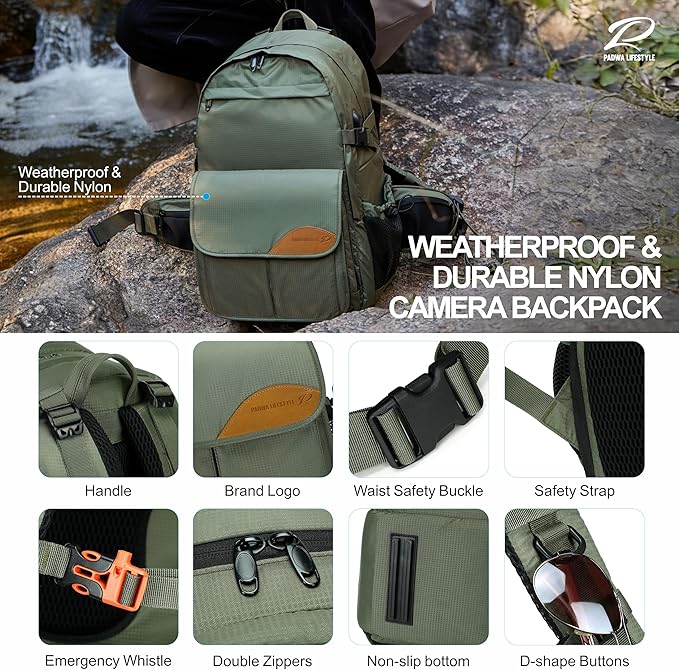 Padwa Lifestyle Professional Camera Backpack - Large Capacity Photography Camera Bag with Thick Padded Comfort Strap and Wide Waist, Versatile Photographer,Multi Cameras,Lensas,a Laptop(Green Nylon)
