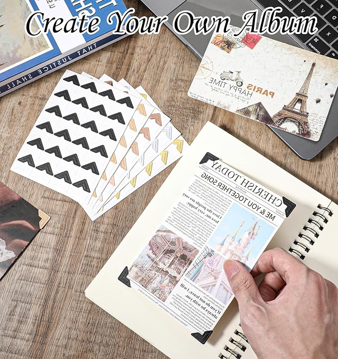 Scrapbook Photo Corners, 360 Pcs Self-Adhesive Photo Corner Stickers, Easy to Peel and Stick Safe for Vintage Photos DIY Album Journal, (5 Colors, 15 Sheets)