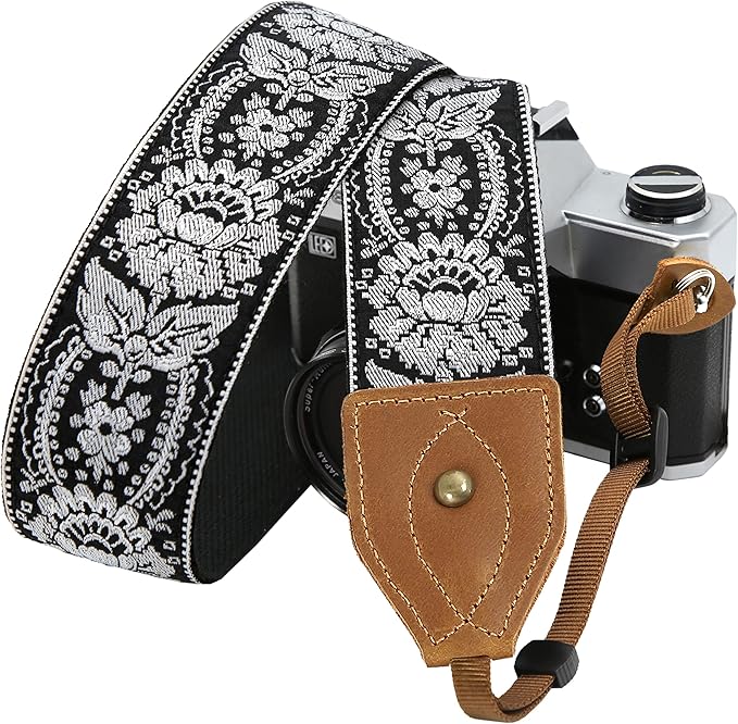 Padwa Lifestyle 2" Wide Classic Crazy Horse Art Cowhide Head Camera Strap - Jacquard Embroidery Floral Vintage Camera Straps for Photographers Gift, Adjustable Shoulder Neck Strap Fits DSLR Cameras