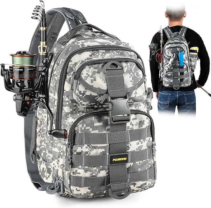 PLUSINNO Fishing Backpack Tackle Bag, Water-Resistant Backpack with Rod Holder, Ideal Shoulder Bag Gifts for Men