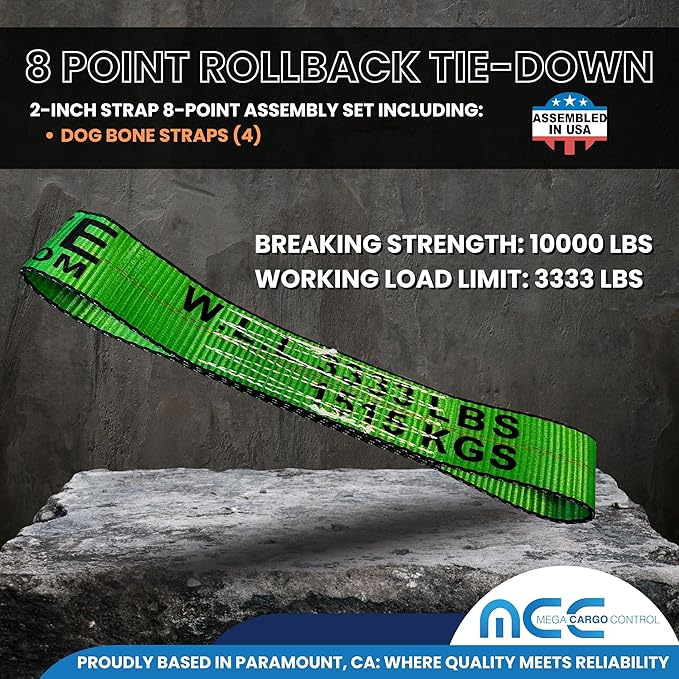 Mega Cargo Control USA 8 Point Tie Down Kit, Green Rollback Towing Strap Set with Black Sleeve Protectors - Car Hauler Set for Flatbed, Tow Truck, Side Mount