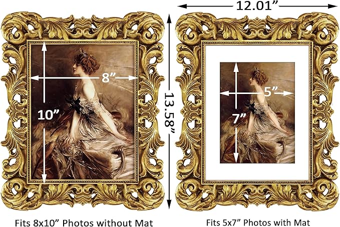 8x10 Picture Frame Gold Ornate Victorian Picture Frames Baroque Vintage Antique for Wall or Tabletop Display, Fits 8x10 or 5x7 Photo with Mat