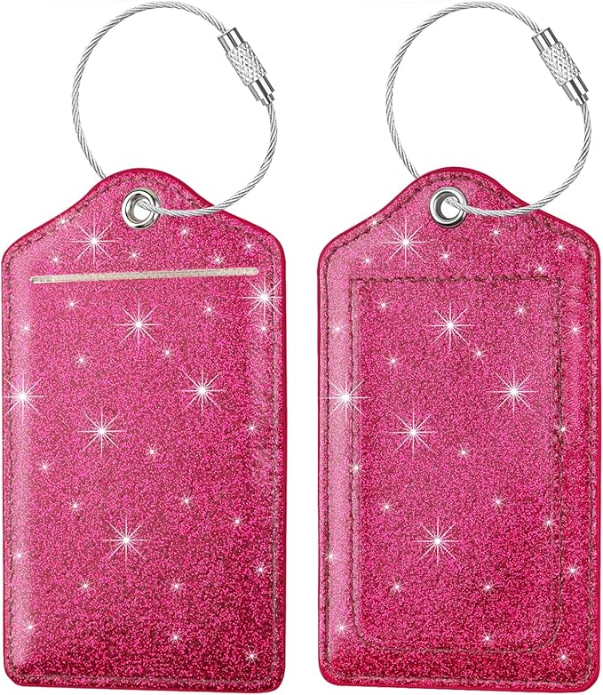 (Set of 2) Luggage Tag Leather Privacy Cover ID Label Address Card with Stainless Steel Loop, Travel Bag Tags Suitcase Labels, Glitter Rosy