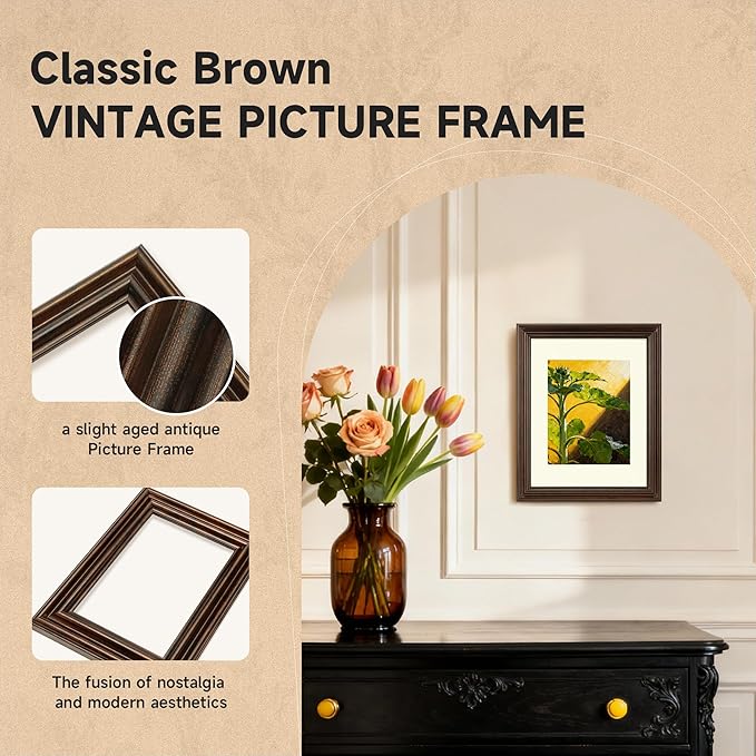 11x14 picture frame, 2 Pack Photo Frame for Wall or Tabletop Display, Ornate Vintage 11 x 14 Picture Frames with Real Glass, Display Poster 8x10 with Mat or 11x14 without Mat for Antique Déco, Brown