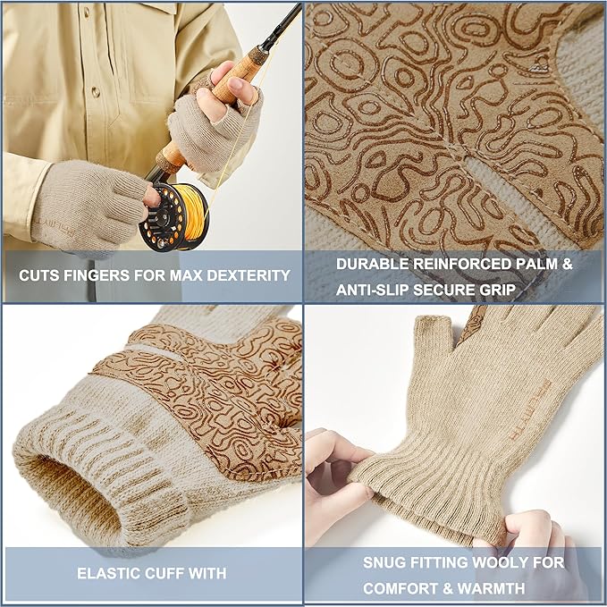 Palmyth Wool Fishing Gloves 3-Cut Fingers Warm for Men and Women Cold Weather Fingerless Gloves for Winter Fly Fishing