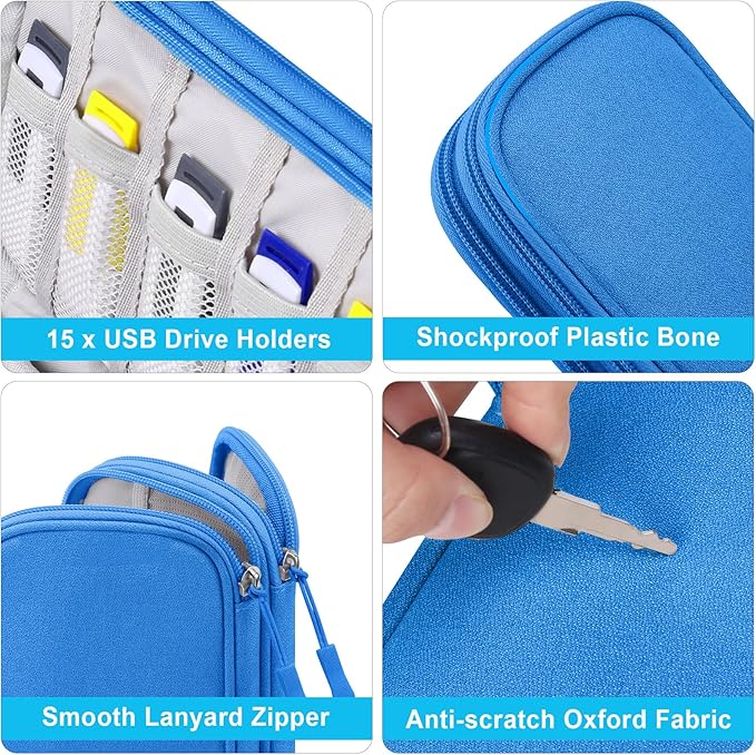 Lacdo USB Flash Drive Case Thumb Drive Holder Case Organizer Portable Electronic Accessories Storage Bag for SanDisk/SamData/Samsung USB Flash Drives Jump Drive Memory Stick, Cable, Medium Size-Blue