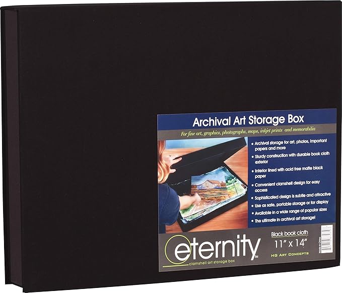 HG Art Concepts Art Photo Storage Box Eternity Archival Clamshell Box For Storing Artwork, Photos & Documents Deluxe Acid-Free Sturdy & Lined With Archival Paper - [Black - 11" x 14"]