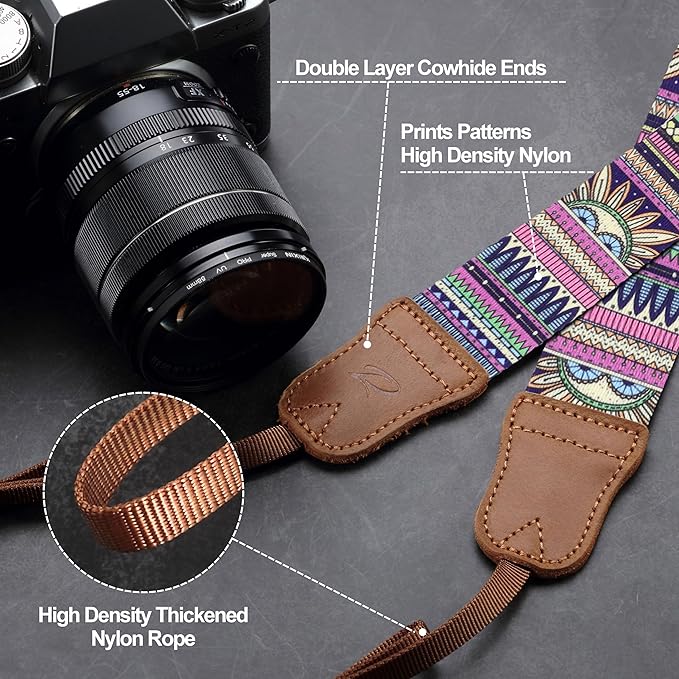 Padwa Lifestyle Camera Strap - 1.5" Soft Nylon Print Crazy Horse Cowhide Head Camera Straps for Photographers and All Cameras,Cute Adjustable Vintage Woven Strap for Adults & Kids(Bohemian Rhythm)