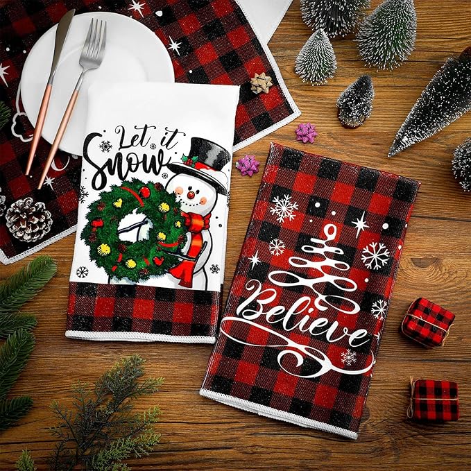 Preboun 6 Pcs Christmas Kitchen Towels Buffalo Check Plaid Dish Towels Winter Hand Towels Farmhouse Tea Towels Housewarming Gifts for Xmas Holiday Home Kitchen Decor
