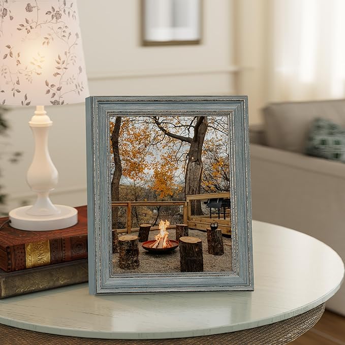 Vittanly 8x10 Picture Frame Set of 4, Vintage Photo Frame for Wall or Tabletop, Display 5x7 Pictures with Mat or 8x10 without Mat, Rustic Farmhouse Home Decor, Vintage Blue