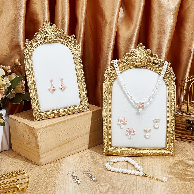 2Pcs Gold Resin Jewelry Display Stand, Vintage Photo Frame Necklace Holder Earring Organizer, Necklace Storage Box, Photography Prop, Elegant Decor for Collectibles Gifts for Women