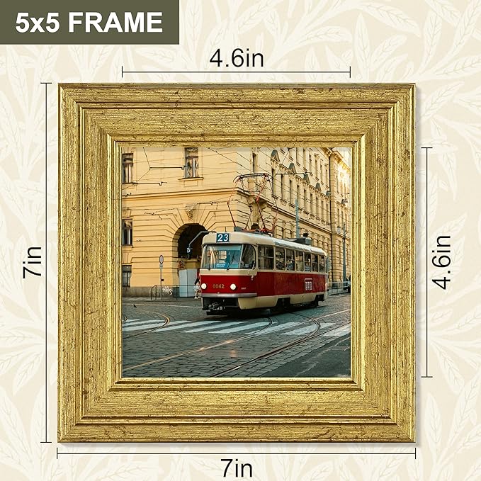 Vittanly 5x5 Picture Frame Set of 4, Vintage Photo Frame for Wall or Tabletop, Display 5x5 Pictures, Rustic Farmhouse Home Decor, Gold