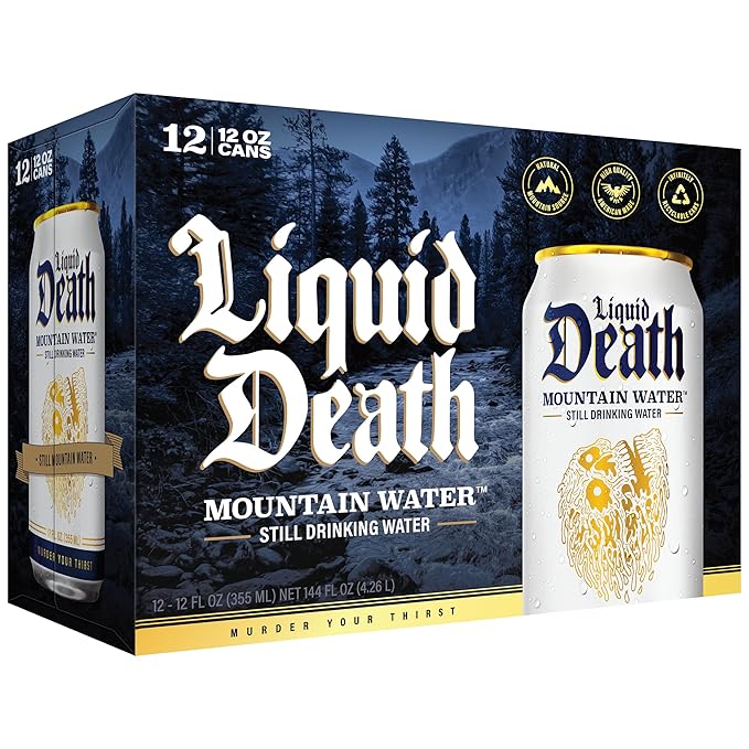 Liquid Death Still Mountain Water, Real Mountain Source, Ice-Cold Cans, Infinitely Recyclable, 12 Fl Oz (Pack of 12)