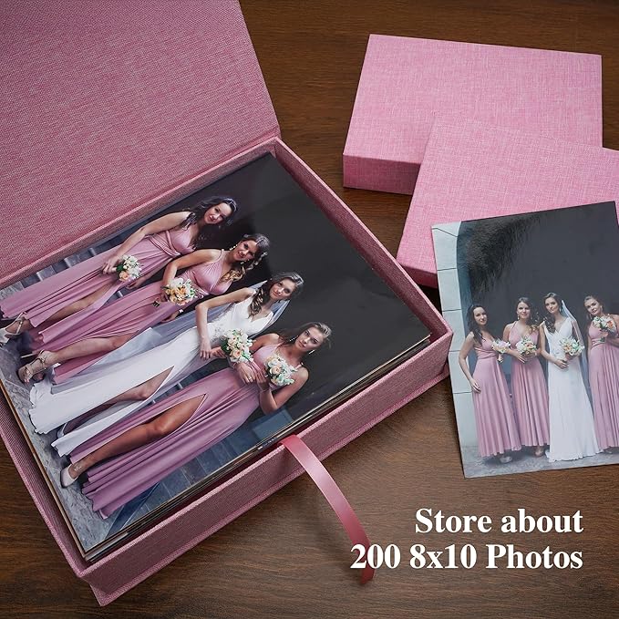 Hiwhy Photo Storage Box 8x10, Linen Photo Box, Memory Box Perfect to Store Your Photo, Pictures, Certificates, Scrapbooking Supplies, Keepsakes and Jewelry Pink