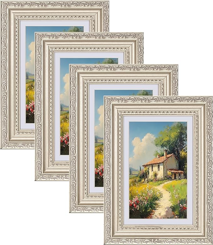eletecpro 4x6 Picture Frames Set of 4, Vintage Frames with Glass Cover, Ornate Photo Frame Displays 3.5x5 Photo with Mat or 4x6 without Mat for Tabletop or Wall Decor, Silver Beige