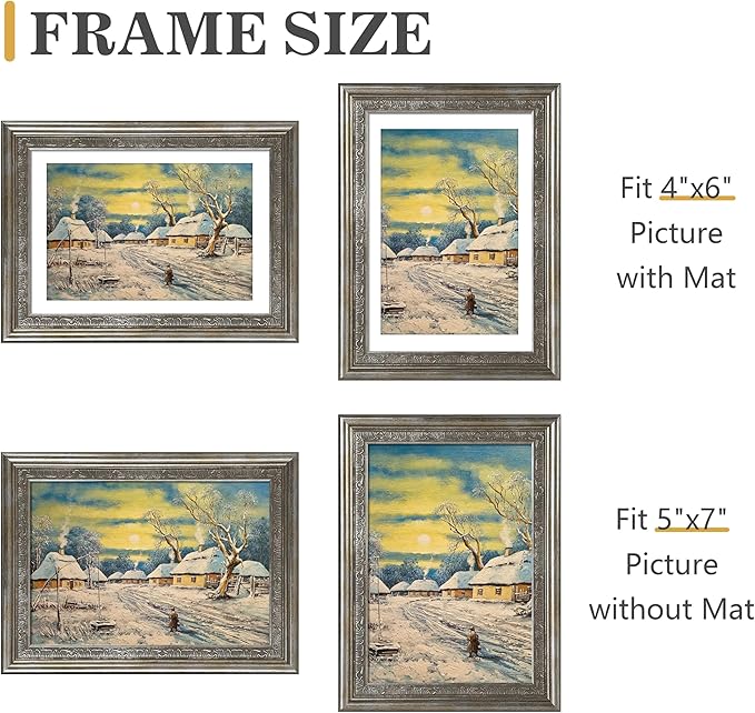 VIOLABBEY 5x7 Silver Picture Frame, Display 4x6 Photo with Mat or 5x7 without Mat, Ornate Vintage 5 x 7 Frame for Wall Decor or Tabletop Display, Silver