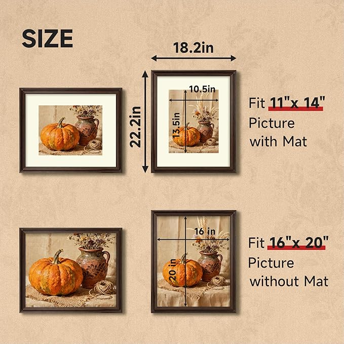 16x20 Picture Frame, 2 Pack 16 x 20 Photo Frame for Wall or Tabletop Display, Ornate Vintage 20x16 Picture Frames with Plexiglass, Display Poster 11x14 with Mat or 16x20 without Mat for Antique Déco, Brown