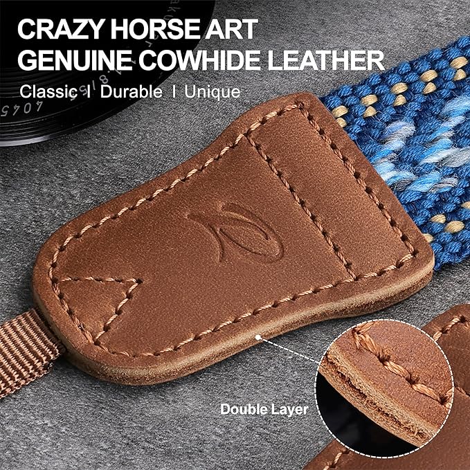 Padwa Lifestyle Speed Blue Camera Strap - 1.5" Soft Cotton Rope Weave Crazy Horse Cowhide Head Camera Straps for Photographers and All Cameras,Cute Adjustable Vintage Woven Strap for Adults & Kids