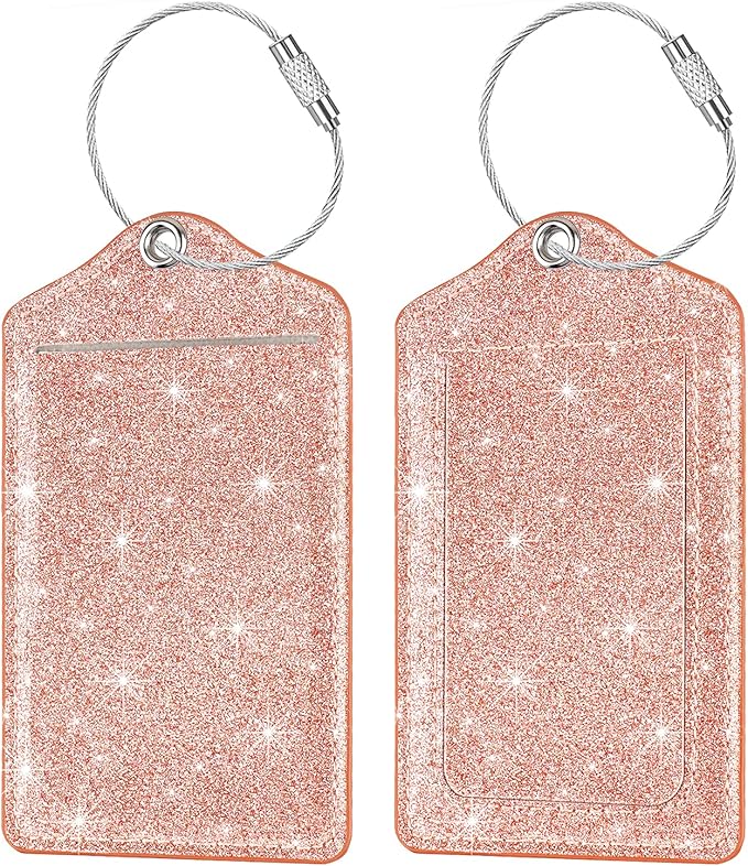 (Set of 2) Luggage Tag Leather Privacy Cover ID Label Address Card with Stainless Steel Loop, Travel Bag Tags Suitcase Labels, Glitter Rose Gold
