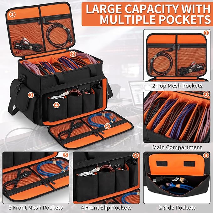DJ Cable File Bag with 6 Detachable Dividers High Capacity Gig Cable Bag for Cords,DJ Gear,Sound Instrument and Accessories