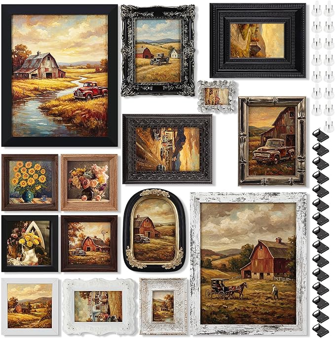 Kathfly 15 Pack Vintage Picture Frames for Wall or Tabletop Display Ornate French Country Frames Vintage Farmhouse Decor Antique Wall Art Set for Gallery Bedroom Living Room Decor (Retro in Black)