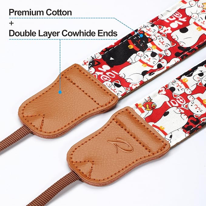 Padwa Lifestyle Red Cat Animal Print Camera Strap - 2" Double Layer Cowhide Head Woven Cotton Strap,Vintage Universal Neck & Shoulder Camera Straps for Photographers and All DSLR Cameras
