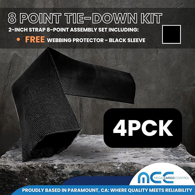 Mega Cargo Control Black Heavy Duty 8 Point Tie Down RollBack Tow Set with Ratchet Chain Extension and Black Sleeve Protectors
