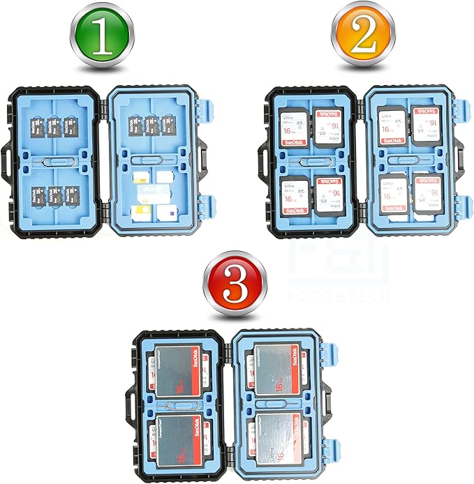 Foto&Tech High Capacity Multi-Format Storage Case - 28 Slot Waterproof Case for SD, CF, TF Cards; Includes Micro SD, SIM Card Holders
