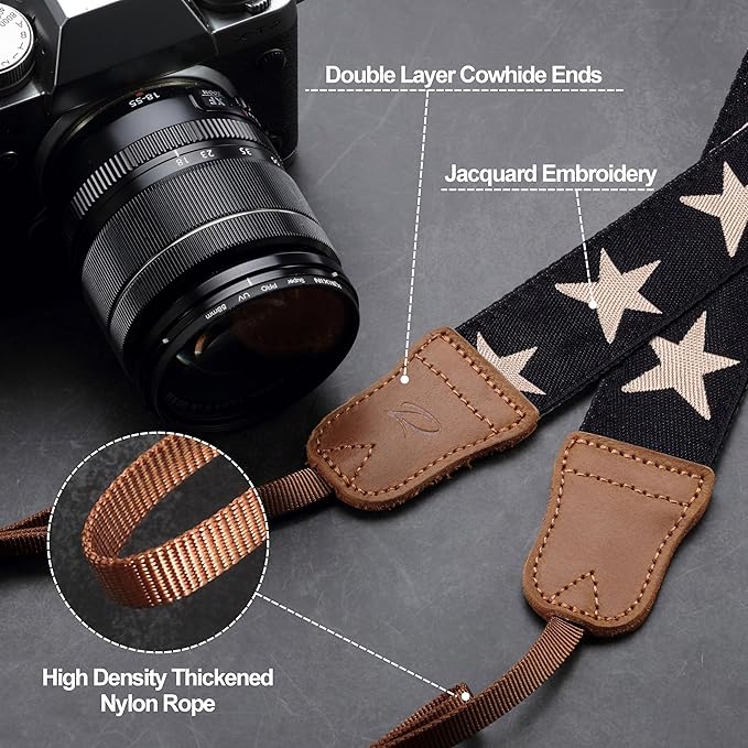 Padwa Lifestyle Pentagram Camera Strap - 1.5" Embroidered Star Cotton Crazy Horse Cowhide Head Camera Straps for Photographers and All Cameras,Cute Adjustable Vintage Woven Strap