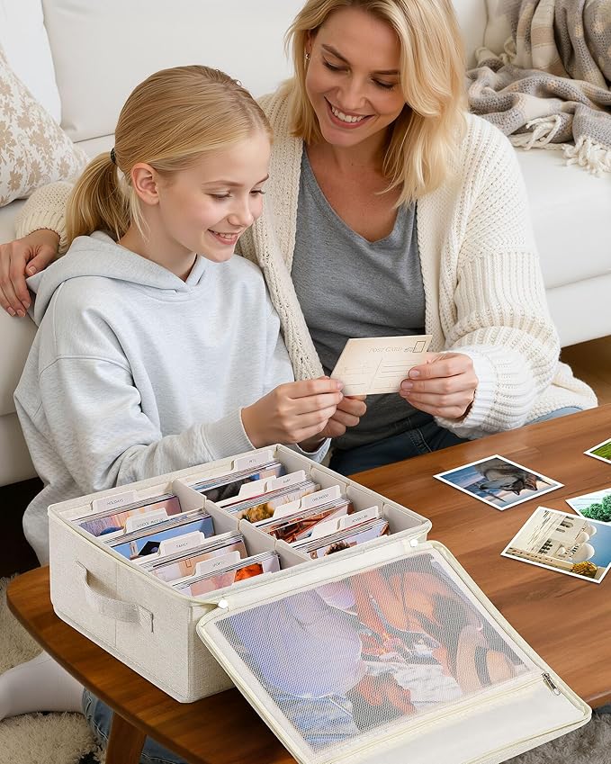HULISEN Photo Storage Box with Lid & Dividers, Linen Photo Organizer for up to 2000 4x6 Pictures, Keepsake Memory Box with Side Handle for Family, Wedding & Baby Photos, Cards, Scrapbook