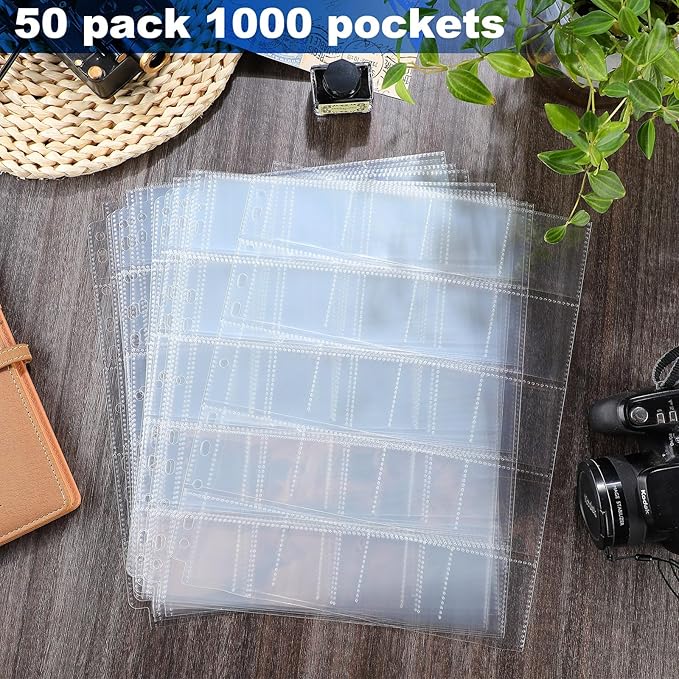 Fuyoooo 50 Pack Protective Photo Slide Pages Holds 20 35mm Slides Top Loading Photo Page Sleeves for 3 Ring Binder Holds 1000 2 x 2 Inch Photos Clear Archival Slide Storage Album Refill Preservers